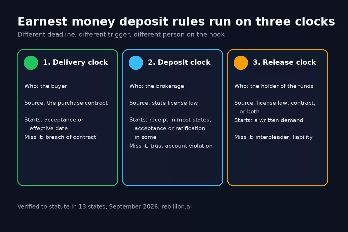 Earnest money deposit rules: the delivery clock, the deposit clock, and the release clock